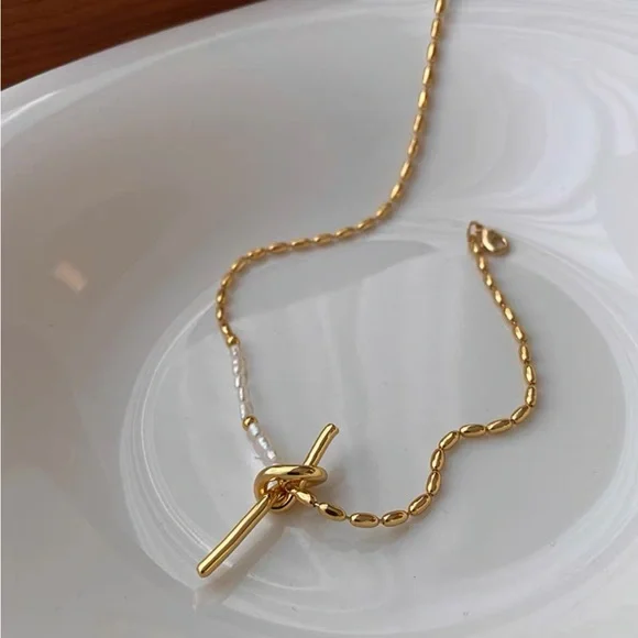 Gold Pearl Knots Chain Necklace, 18k Gold and 925 Sterling Silver - Picture 3 of 9